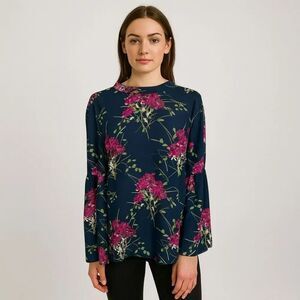 LOFT Black blue purple Long Wide Sleeve Lightweight Floral Blouse Tow Back M